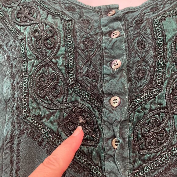L Pogee Womens Button U Top Long Sleeve Embroidered Boho Blouse Green Tie Back - Picture 10 of 11